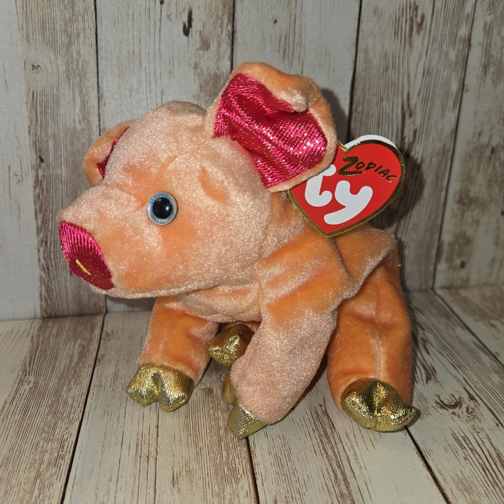 Ty Zodiac Pig Plush Toy - Orange with Gold and Pink